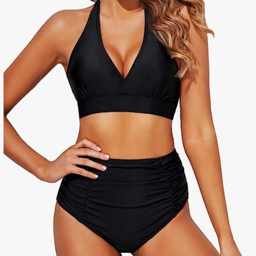 Black High Waisted Halter Bikini Swimsuit Set